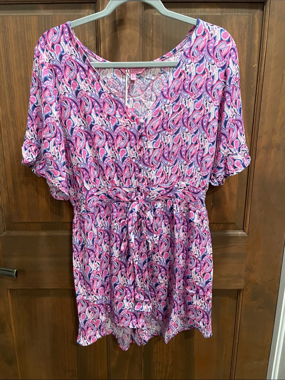 Women's Pink Paisley Tie-Waist V-Neck Romper